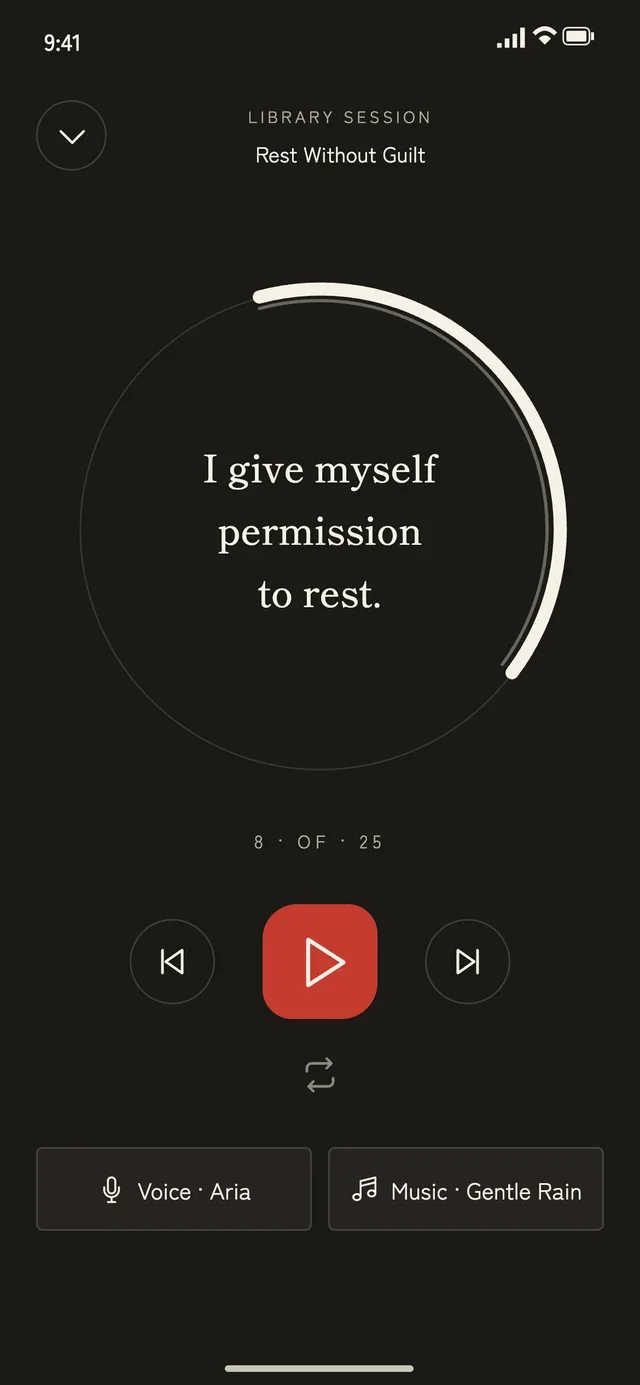 RiseWithin listening screen with a guided narrator and Gentle Rain music